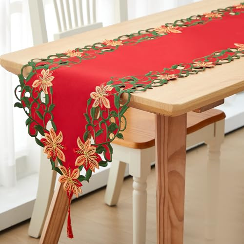 Tatuo Chemin de Table de Noël Brodé Chemin de Table de Poinsettia Rouge Décoration de Noël en Tissu avec Motif de Feuilles pour Vacances d'hiver(38 x 87 cm)