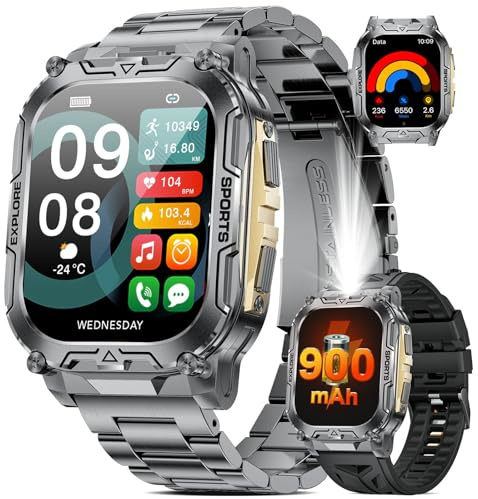 SUNKTA Smartwatch Herren Militär mit 1000mAh Großer Akku/2.01'' HD-Großes Display Sportuhr/Telefonfunktion/IP68 Wasserdicht Fitnessuhr,24/7 Herzfrequenz/Schlafmonitor/SpO2 für Android iOS 2 Armbänders
