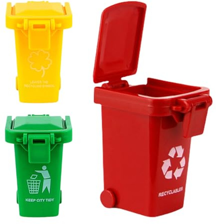 Dubbulon Miniature Trash Can - with Lid & Wheels Mini Recycling Bin | Bucket Waste Storage Desktop Organizer for Kids Classroom Office Desk Birthday Party Toddler Activity