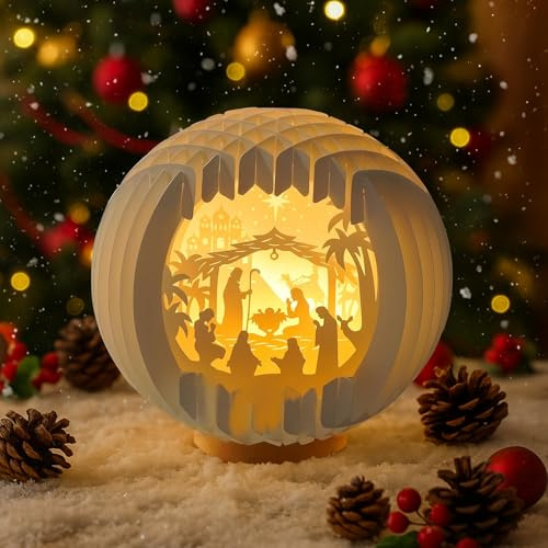 Weihnachtdeko Krippenfiguren Set mit LED Licht, Weihnachtskrippe mit Beleuchtung Krippe Weihnachten Deko Led Kugel Papier Beleuchtete Weihnachtskrippe Figur Tischlampe für Weihnachtsdeko Innen