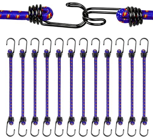 AWBEOT 12 Pezzi Corda Elastica con Gancio 30 cm Corde Elastiche con Gancio 10 mm per Teloni Occhiellati, Portapacchi, Campeggio, Giardinaggio, Auto e Bici, Blu