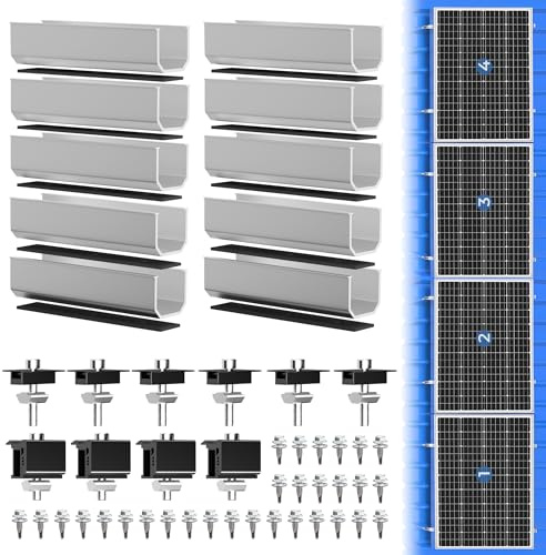 GLIESE Solarmodul Halterung für 4 Module | PV-Montagesystem mit 12 cm Aluminiumschiene & schwarze Verstellklemmen für 30-40mm Moduldicke | befestigung solarmodul für Flachdach, Trapezblech, Blechdach