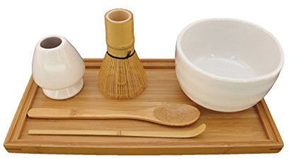 BambooMN Brand - Matcha Bowl Set (Includes Bowl, Rest,Tea Whisk, Chasaku, Tea Spoon & Tray) 1 Set White
