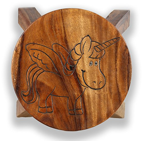 ART-CRAFT Vielseitiger Kinderhocker Holzhocker rund aus Massivholz Tiermotiv Einhorn Natur mit vielen Einsatz Möglichkeiten