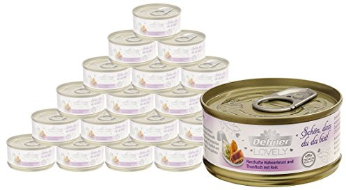 Dehner Premium Lovely Katzenfutter, Nassfutter glutenfrei, für ausgewachsene Katzen, Hühnerbrust / Thunfisch / Reis, 24 x 70 g Dose (1.68 kg)