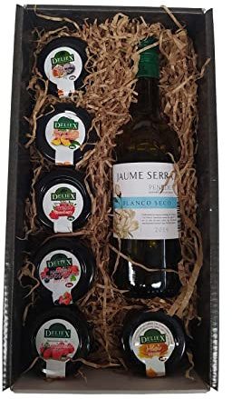 Cesta de Navidad para Regalo con Vino Blanco botellín 18,7 cl, tarros en Miniaturas de 30 g de Mermeladas de Frambuesa, Higo, Fresa, Melocotón y Frutos Rojos en un excelente Estuche para regalar.