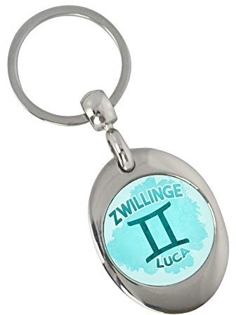 Eurofoto Schlüsselanhänger mit Namen Luca und Sternzeichen Zwillinge | Namens-Anhänger mit Einkaufs-Chip für Kinder und Erwachsene