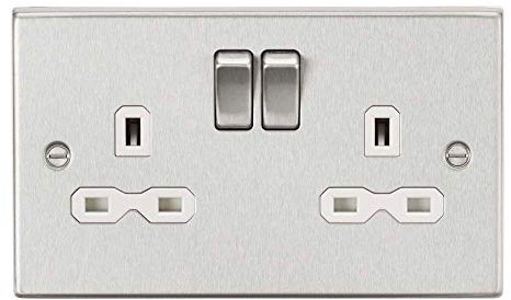 13A 2G DP Switched Socket with White Insert - Square Edge Brushed Chrome