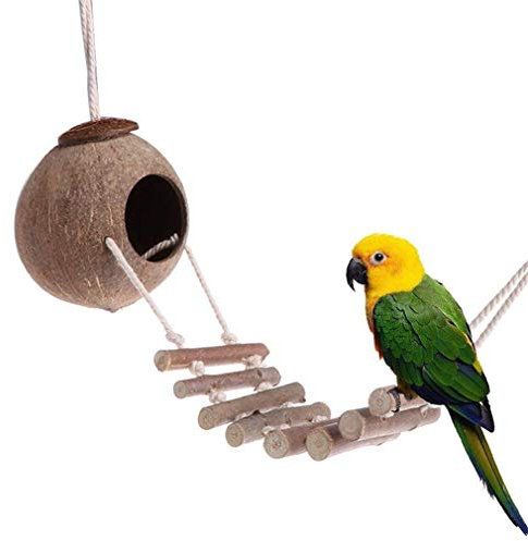 ZHER-LU Vogelnest aus natürlicher Kokosnussschale, Holz, Stroh, Seil, Spielzeug für Vögel, Papageien, Sittiche, Hamster (#2)