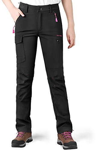 KUTOOK Damen Wanderhose Winter Outdoorhose Gefüttert Trekkinghose Softshellhose Funktionshose Fleece Warm Wasserdicht Winddicht Verschleißfest 6 Taschen Schwarz M