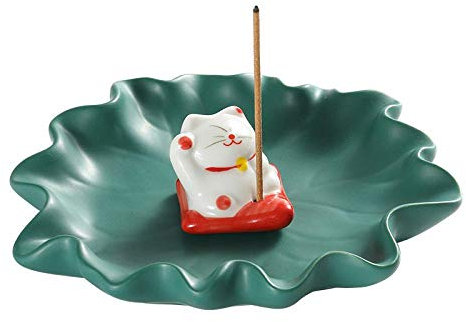 Sizikato Porte-encens en forme de chat porte-bonheur avec plateau en feuille de lotus.