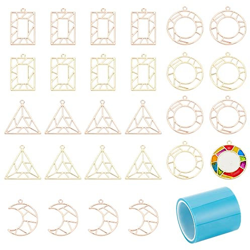 OLYCRAFT 28 Stück Geometrische Offene Lünette Anhänger 4 Stile Teilweise Offene Lünette Teilweise Ausgehöhlter Charme Mit Nahtlosem 1-Rollen-Papierband - Hellgold Und Roségold