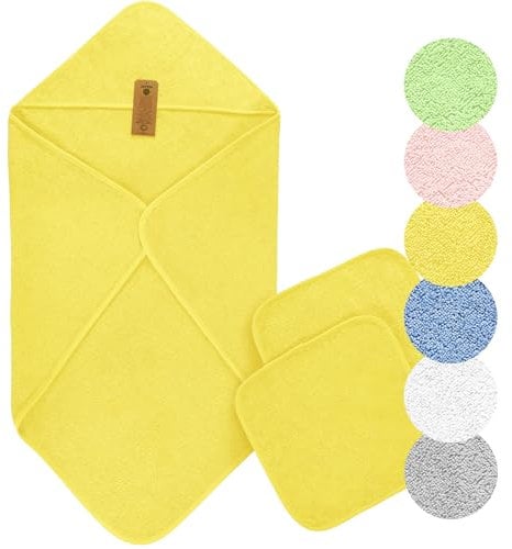 Arus Baby-Kapuzenhandtuch-Set aus Bio-Baumwolle mit 2 Baby-Waschlappen, Gelb, 75 X 75 cm