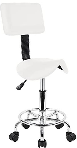KKTONER Saddle Stool with Foot Rest PU Leather Swivel Adjustable Rolling Stools with Back Support Facial Salon Kitchen Chair (White)