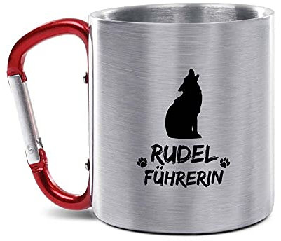 Tassendruck Karabiner Edelstahltasse - Rudelführerin schwarz - Geschenk für Camper, Campingtasse, Hundeliebhaber, Outdoortasse, Geburtstagsgeschenk, 280 ml