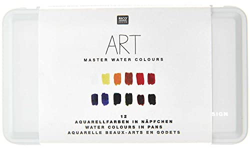 Rico Design Aquarellfarbenkasten Metall, 12 Näpfchen, Grundfarben, Minimalistisch, Grau