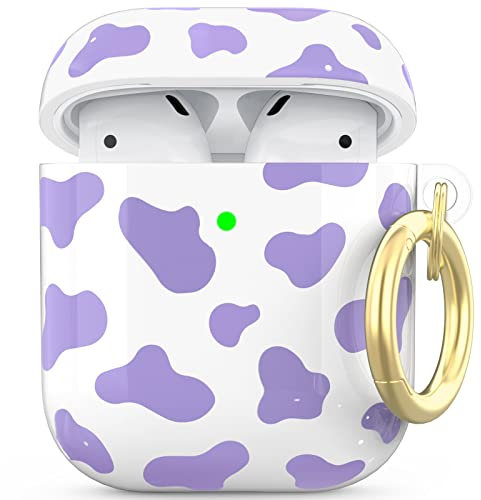 NIUTRENDZ Cute Cow Print Case for AirPods Case Cover IMD Design Hard TPU Shockproof [Front LED Visible] [Wireless Charging] Protective Skin Compatiable with AirPods 2&1 (Purple)