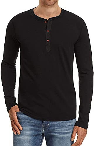 Sailwind Mens Henley Long Sleeve T-Shirt Cotton Casual Shirt(Black,XL)