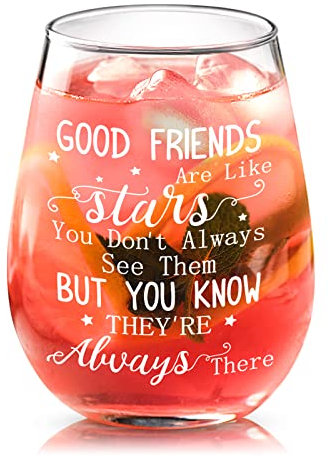 Joymaking 15 oz Stemless Wine Glass - Best Friend Birthday Gift for Women - Good Friends are Like Stars - Christmas and Graduation Present