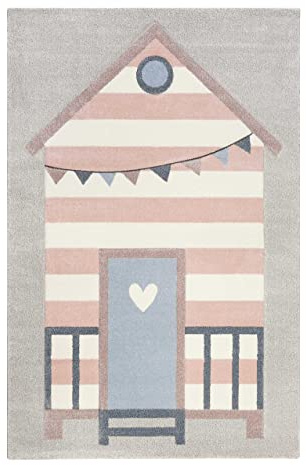 Wecon Home Sea Castle Kinderteppich, 120 x 170 cm, hellgrau rosa | moderner Kurzflor Kinderteppich mit Strandhausmotiv