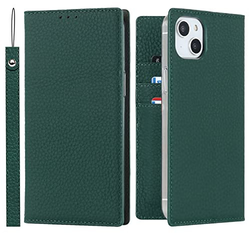 Cavor Phone Case Compatible for iPhone 14,Genuine Leather Flip Wallet Case,[3 Card Holders][Magnetic Closure][RFID-Blocking][Lanyard],Protective Case Cover for iPhone 14 - Dark Green