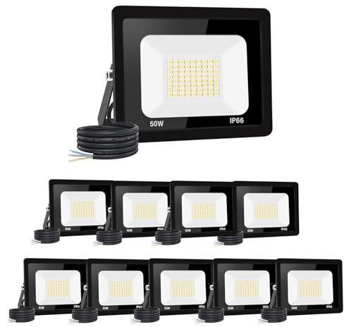 Jefedana 50W LED Außenstrahler 5000LM 3000K IP66, 10 Stück | Superhell 5000LM, IP66 wasserdicht, 3000K Warmweiß, für Garten Garage Hotel Sportplatz, langlebig