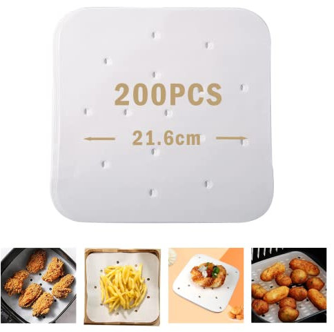 200 hojas de papel de horno para freidora de aire 21,6 x 21,6 cm | Forro antiadherente con silicona | Resistente a 230 °C | Sin BPA, desechable | Para crujiente sin desorden