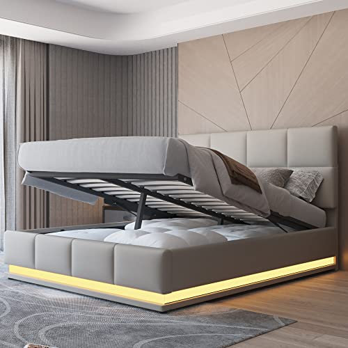 FEZTOY Polsterbett 140x200 cm mit LED Beleuchtung & Hydraulisch Bettstauraum,Bettgestell mit Bettkasten & Lattenrost Bezug aus Kunstleder Doppelbett Erwachsenen Jugendbett ohne Matratze(grau led)