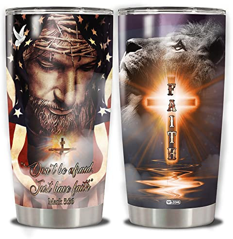 WAZONE Jesus American Flag Tumbler Cup Don't Be Afraid Just Have Faith Lion And God Insulated Tumblers Travel Mug 20Oz Thermos Gifts Birthday Christmas Fathers Day For Dad Christian Lover Women Men
