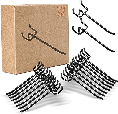 KAGUOl 20 Pcs Crochet Panneau Perforé, Crochets pour Panneau Perforé Porte Panneau Mural Crochets Muraux pour l'Affichage Au Détail, Ø 4mm, B 25mm, L 10cm, Laque Noire, Acier au Carbone