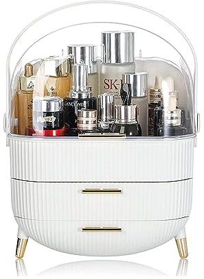 SIOOUI Makeup Organizer Storage Box, Cosmetics Display Case with Transparent Cover, Dust WaterProof Cosmetics Storage Box Suitable for Bathroom Countertop and Bedroom Vanity Dresser (White)