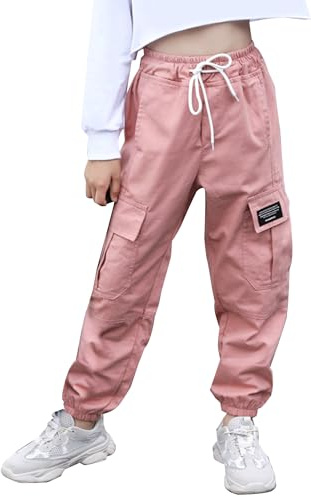 Happy Cherry Pantaloni cargo da bambina, con elastico in vita, pantaloni da jogging con risvolto alla caviglia, stile casual, streetwear, 3-15 anni