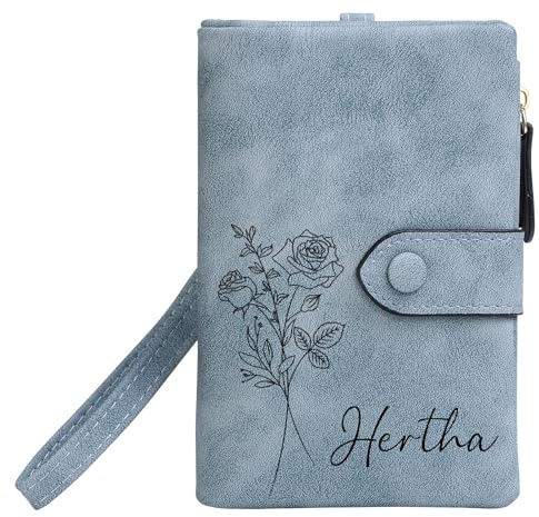 Chrifansi Portefeuille de personnalisé en cuir compact avec porte-cartes avec poche zippée - Cadeaux personnalisés pour femmes et filles - Nom et mois de naissance des fleurs, bleu,