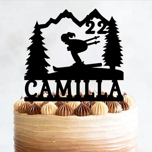 Skier Birthday Ski Girl Personalized Skiing Winter Sports Cake Topper, 6-7.8 Inch Acrylic or Wood Material Cake Decoration