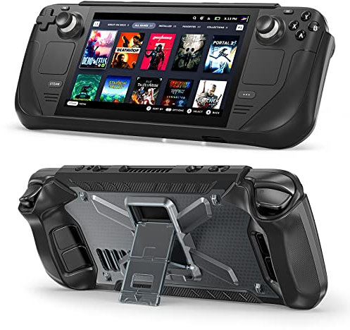 Miimall Compatible avec la coque Steam Deck avec support et bandoulière réglable, coque de protection en silicone antichoc ultra fine et antidérapante pour console de jeu Steam Deck - Noir