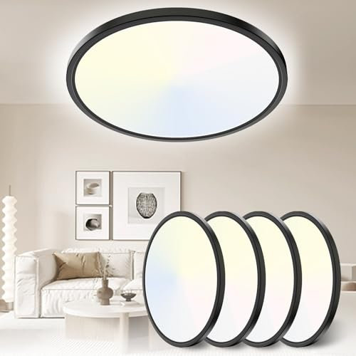Yexati LED Deckenleuchte 24W 6000K/4000K/3000K, 3200LM IP54 Ultra Dünn Deckenlampe, Flach Rund Modern Badezimmer Lampe Schwarz Küchenlampe für Flur Schlafzimmer Balkon Wohnzimmer Küche Keller Ø30 CM
