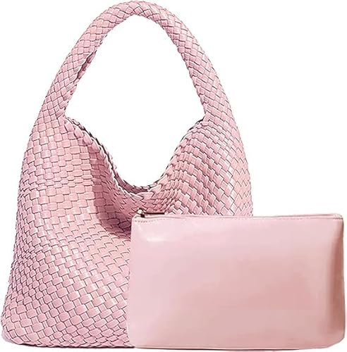 Yuxier Gewebte Tote Handtasche für Frauen Veganes Leder Hand Tote Stricktasche Große Gewebte Geldbörse Gewebte Handtaschen Geflochten, hellrosa