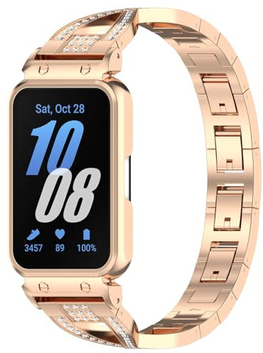 RuiRdot Compatible avec le bracelet de montre Samsung Galaxy FIT 3 avec lunette, pour femme, maillons en acier inoxydable, bracelet réglable pour Samsung Galaxy FIT 3 (Or rose)