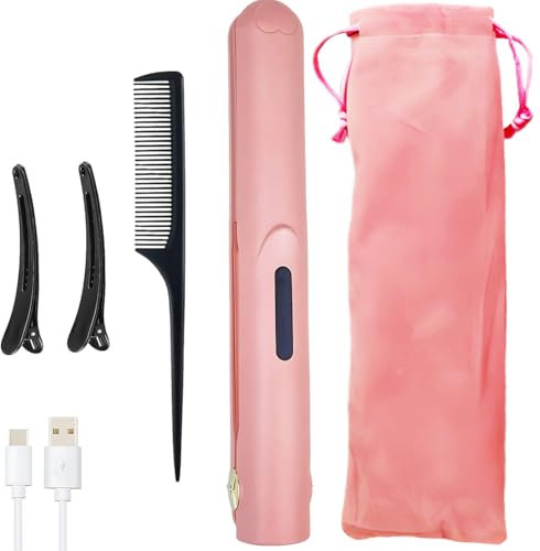 2-in-1 Cordless Hair Straightener and Curler, Wireless Hair Straighteners Curling Iron, Portable Travel Rechargeable Flat Iron with 3 Adjustable Temp,Pink