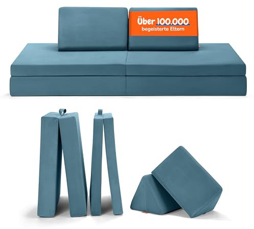 Funzy Spielsofa für Kinder - Das Original für kreatives Spielen, Modulare Spielcouch, Waschbarer Bezug, Robust und Langlebig, TÜV und Oeko-TEX 100 Zertifiziert mit 3 Jahren Garantie, Dino Türkis