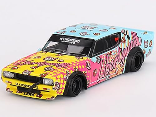 Skyline Kenmeri Liberty Walk RHD (Rechtslenker) Kuma Hellblau und Gelb mit Grafik Limited Edition 1/64 Druckguss Modellauto von Mini GT MGT00698