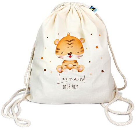 verschenkich Turnbeutel personalisiert mit Name & Datum | Tierkind Tiger | Personalisierbar, Bio-Baumwolle, verstellbare Kordeln, Sportbeutel & Wäschebeutel, 46 x 38 cm, Kindergarten & Schule