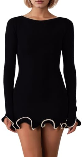 Naileksi Women Elegant Ruffle Hem Knit Mini Dress Long Sleeve Contrast Color Patchwork Bodycon Short Sweater Dress Fall Black