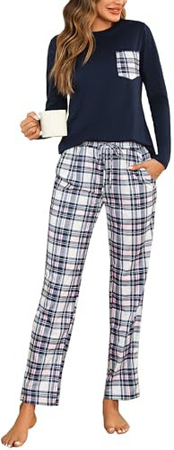 Aseniza Pyjama Femme Hiver Ensembles de Pyjama Coton Vêtement de Nuit Manche Longue 2 Pièces Bleu Foncé, XL