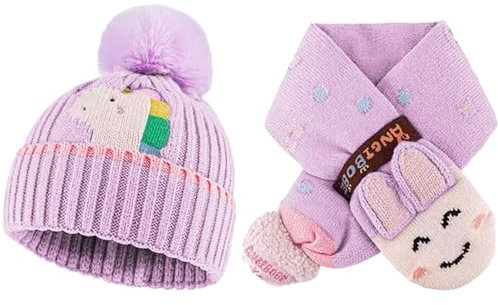 Larfraecy Kinder Strickmütze und Schal-Set Winter Mütze mit Bommel und Schal Sets Warmes Winterzubehör für Jungen und Mädchen Winter Beanie Hut für Kinder 1-6 Jahre(Pony-Lila)