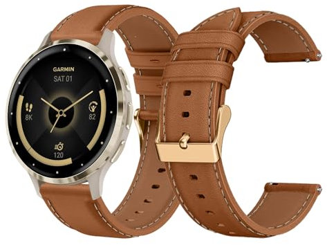 LanQii 18 mm Lederarmband Kompatible mit Garmin Venu 3S 41 mm/Forerunner 265S/Forerunner 255S, Leder Uhrenarmband Ersatzarmbänder für Garmin Vivoactive 4S 40 mm/Vivomove 3S 39 mm, Braun