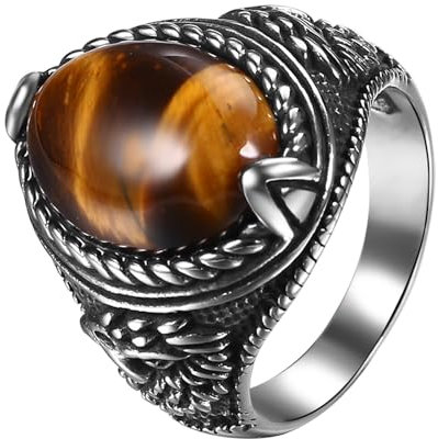 JewelryWe Tigerauge Ring Herren Siegelring: Vintage Edelstahl Herren-Ring mit Braun Ovalem Tigerauge Punk Adler Fingerring Bandring Daumen Band Marine Schmuck Geschenk für Männer Vater Silber Größe 70