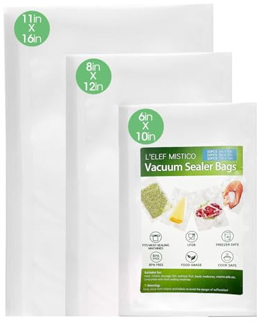 L'ELEF MISTICO Vacuum Sealer Bags for Food, 150 Pre-cut 15cm x 25cm(50) + 20cm x 30cm(50) + 28cm x 40cm(50) BPA Free Food Seal Bags, Vacuum Storage Bags for Sous Vide or Seal a meal