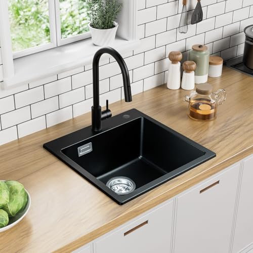 Auralum Spüle mit Armatur Set, Granit Spülbecken Schwarz 45 x 45 cm + Edelsathal Wasserhahn Küche Ausziehbar