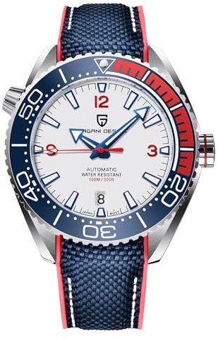 Pagani Design Herrenuhr Automatik Mechanische Uhr Keramiklünette Edelstahl 100m wasserdicht Tauchen Sportarmband Datum Leuchtend Luxusuhr Kautschukarmband（Klebeband blau und weiß）